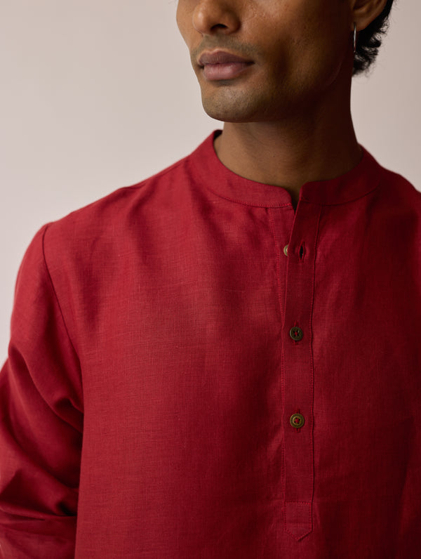 Yasi Linen Kurta with Sheer Linen Panel - Heirloom Red