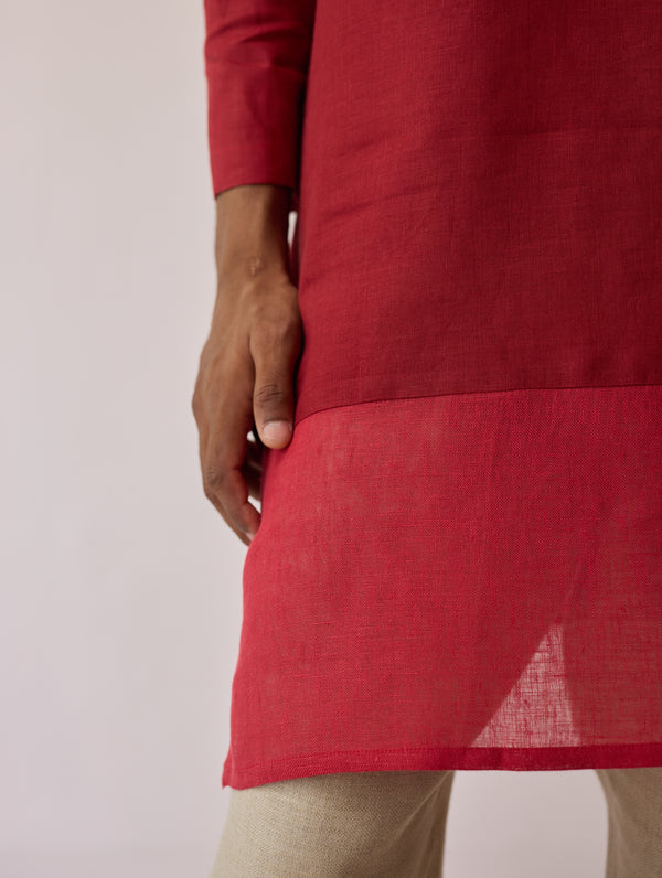 Yasi Linen Kurta with Sheer Linen Panel - Heirloom Red