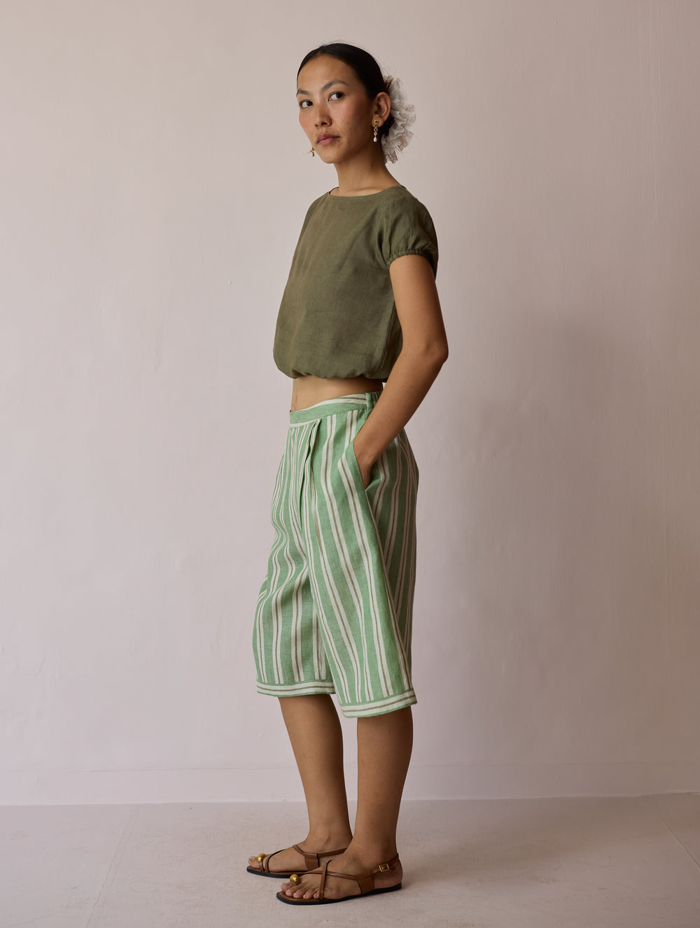 Ena Stripe Linen Jorts - Fern