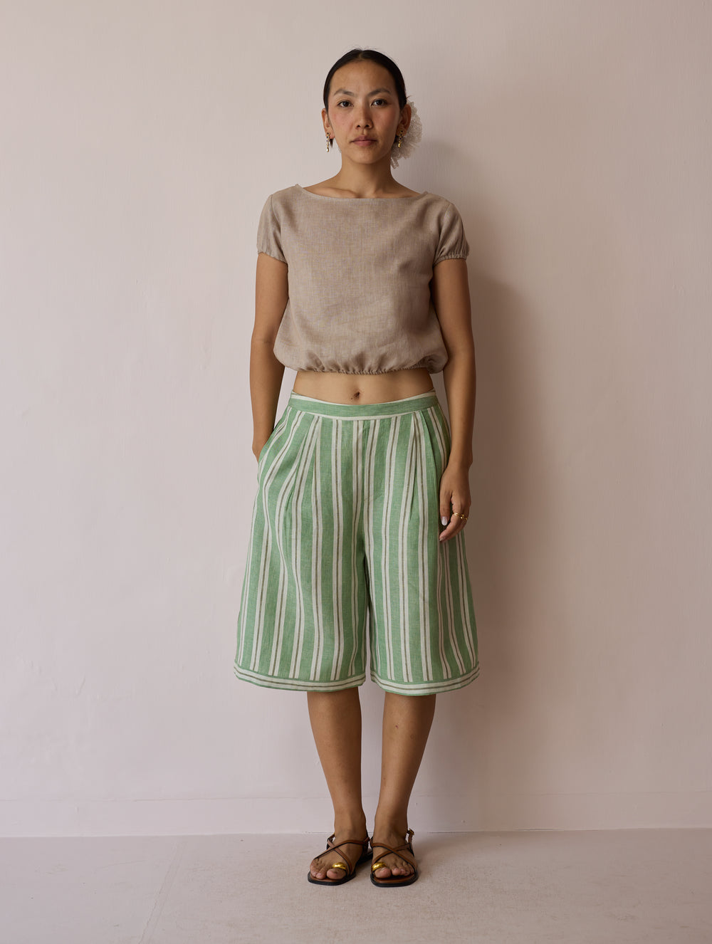 Ena Stripe Linen Jorts - Fern