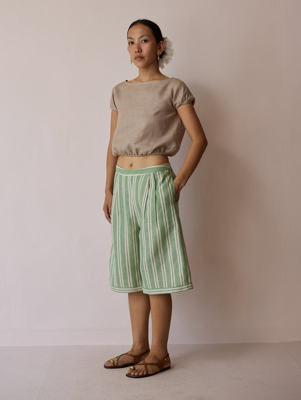 Ena Stripe Linen Jorts - Fern
