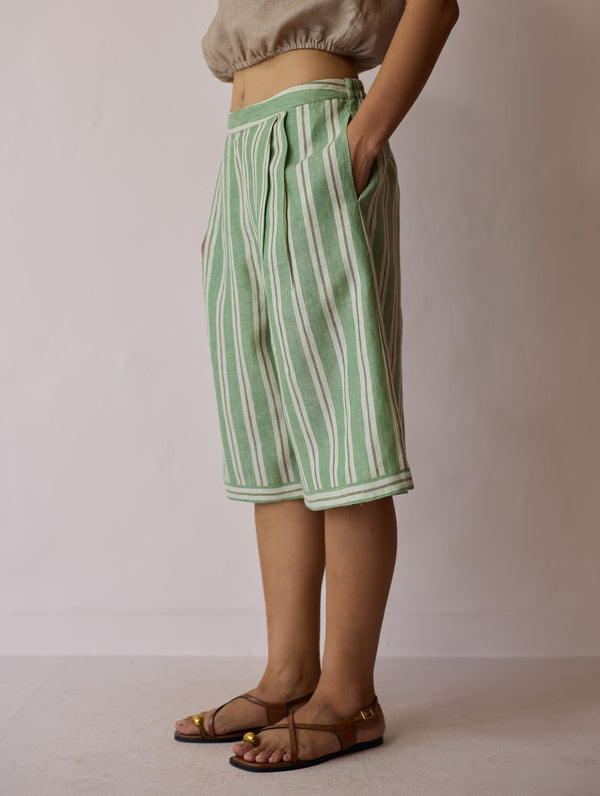 Ena Stripe Linen Jorts - Fern