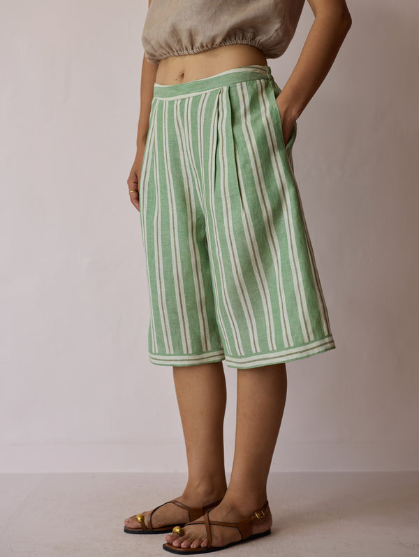 Ena Stripe Linen Jorts - Fern