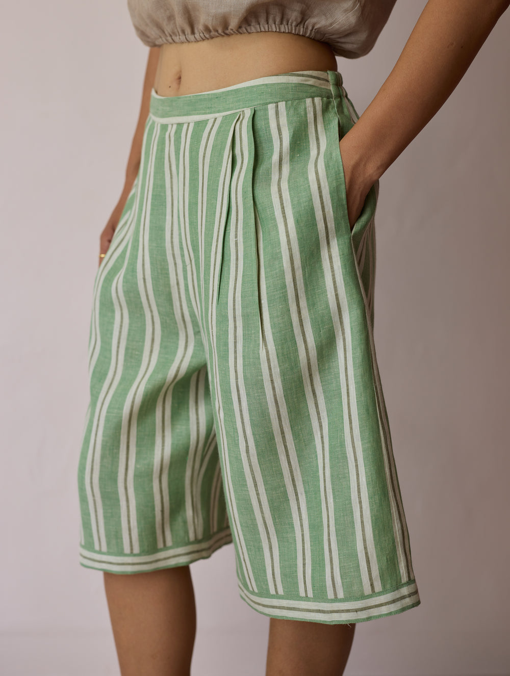 Ena Stripe Linen Jorts - Fern