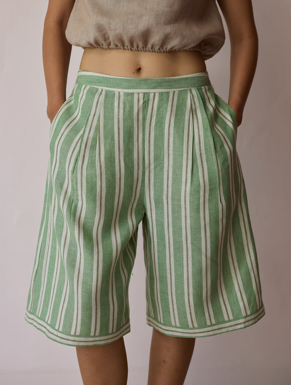 Ena Stripe Linen Jorts - Fern