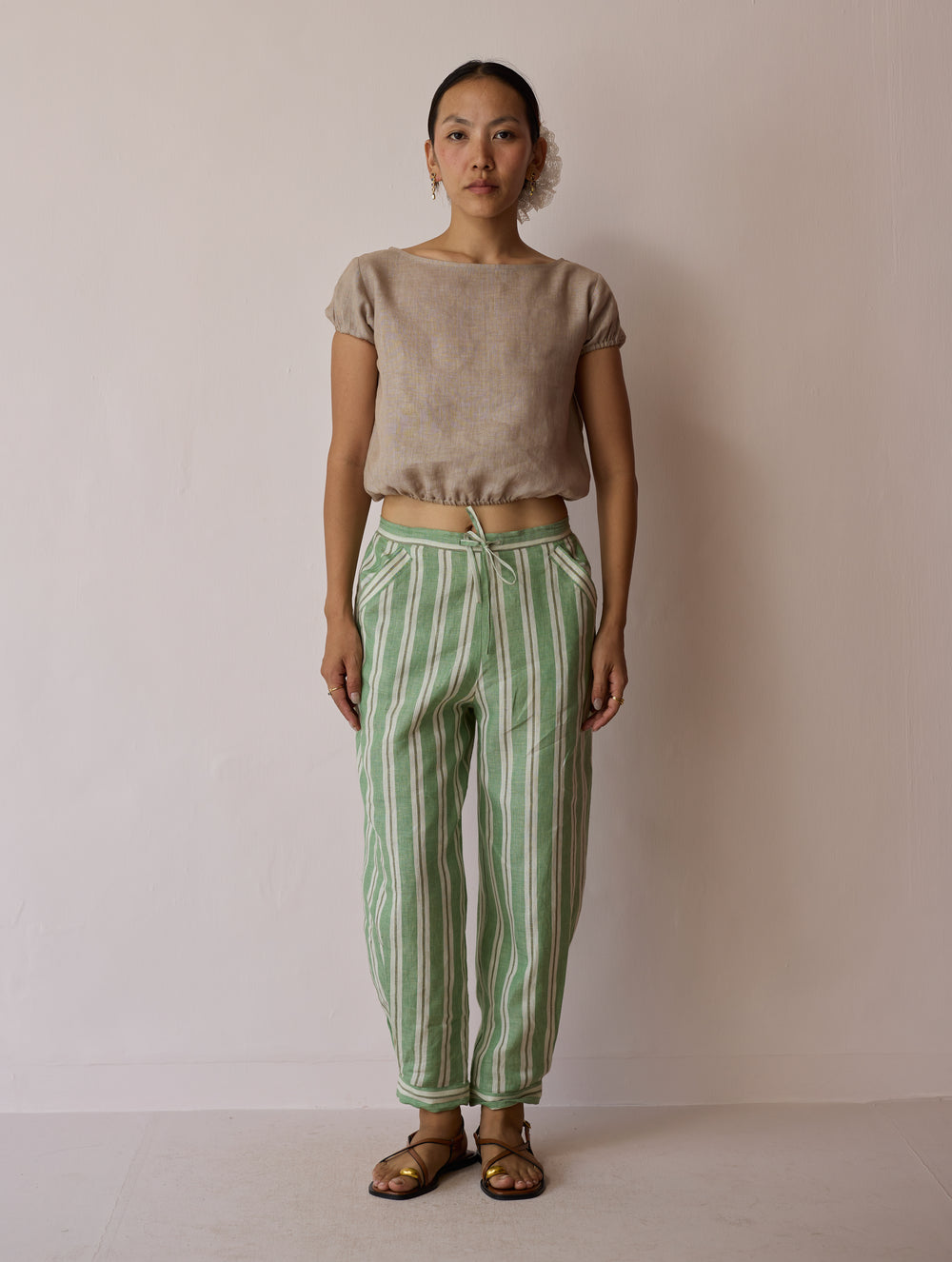 Terra Pleated Hem Stripe Linen Pants - Fern
