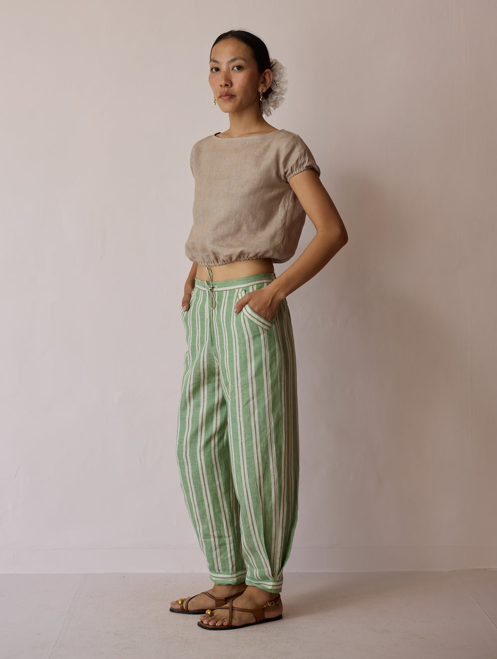 Terra Pleated Hem Stripe Linen Pants - Fern