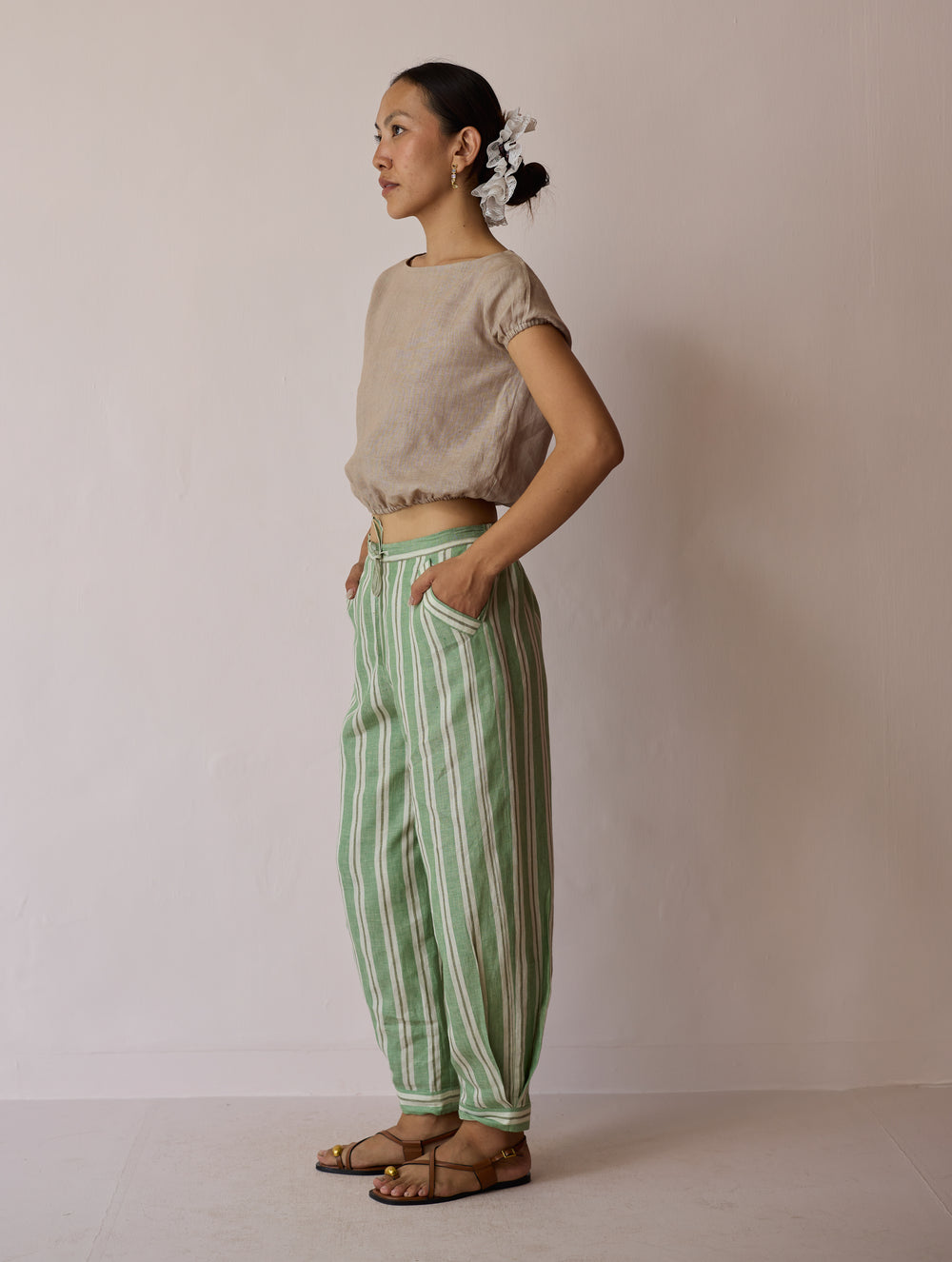 Terra Pleated Hem Stripe Linen Pants - Fern