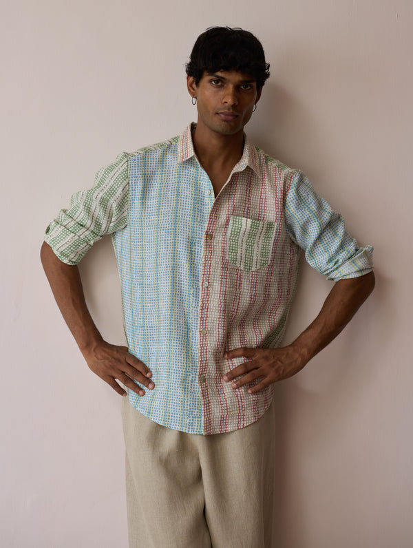 Akana Block-Printed Patchwork Linen Shirt