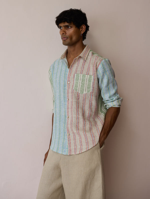Akana Block-Printed Patchwork Linen Shirt