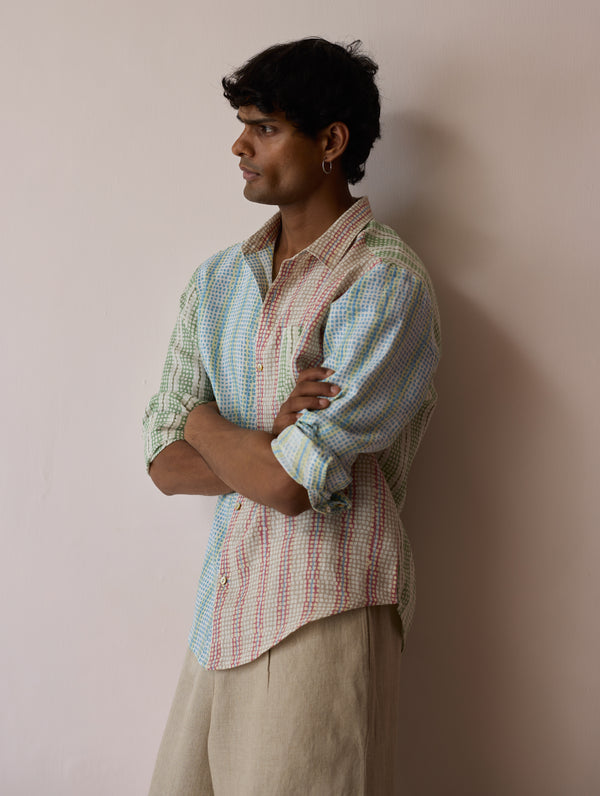 Akana Block-Printed Patchwork Linen Shirt