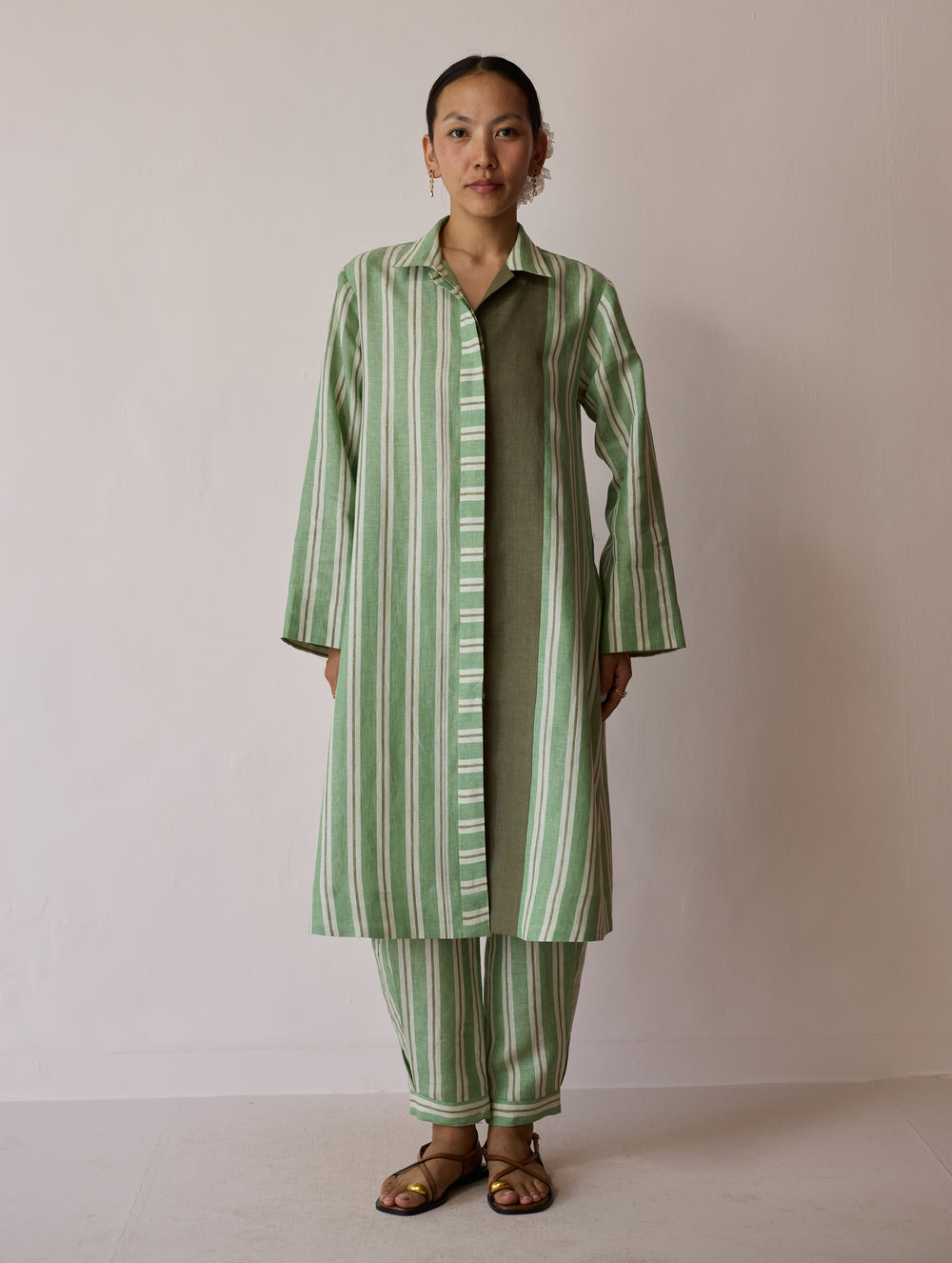 Joana Patchwork Stripe Linen Kurta Sets - Fern
