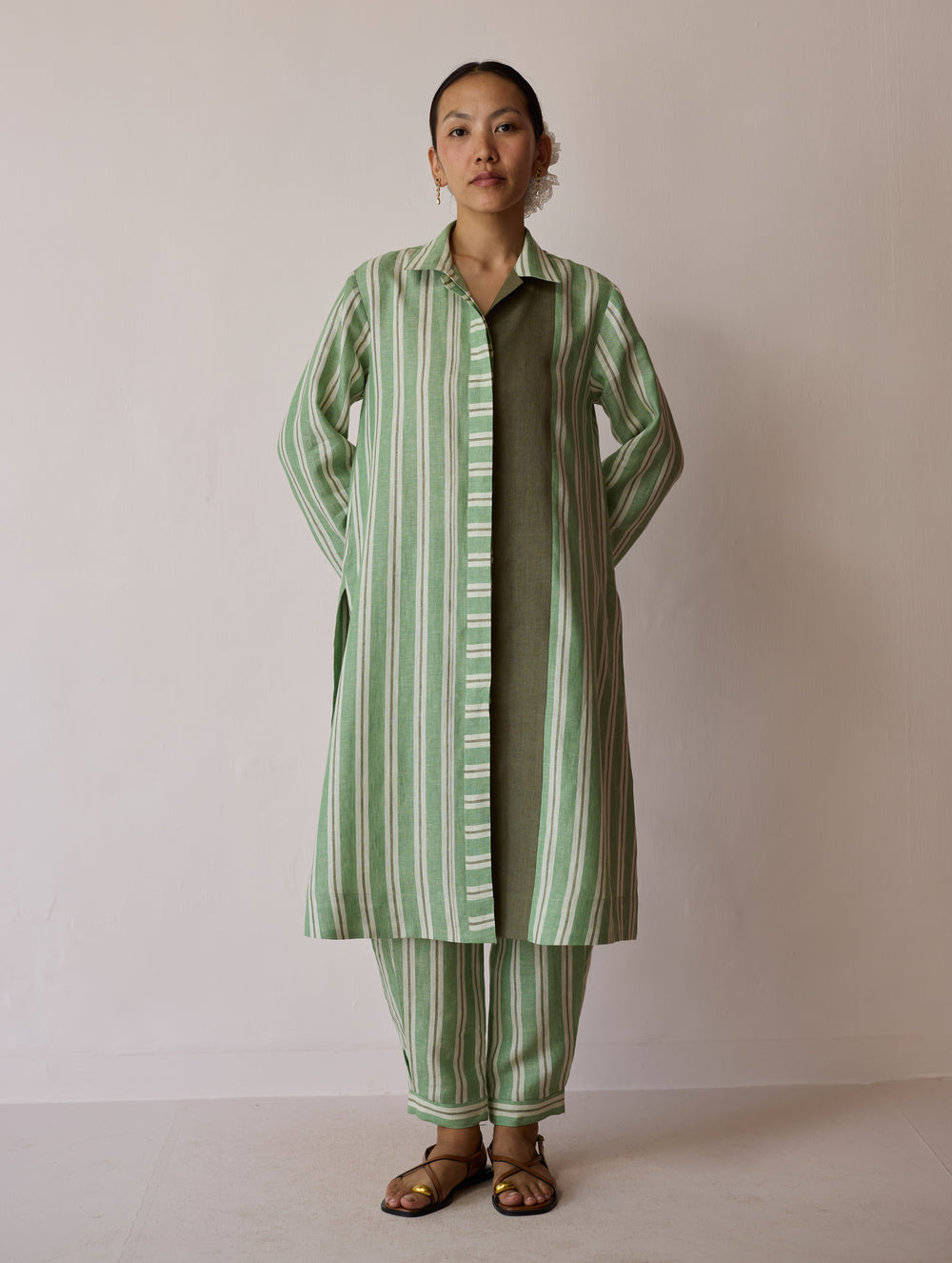 Joana Patchwork Stripe Linen Kurta Sets - Fern