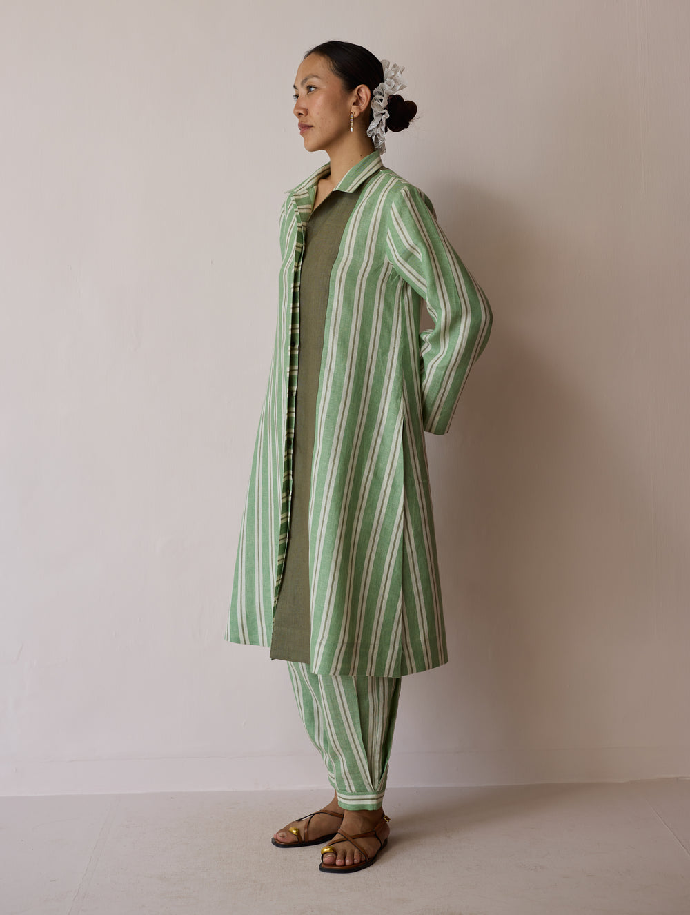 Joana Patchwork Stripe Linen Kurta Sets - Fern