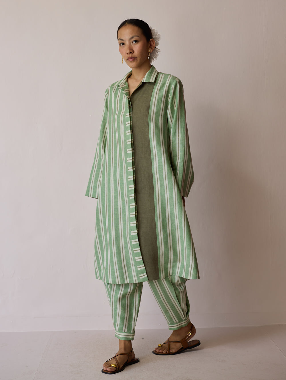 Joana Patchwork Stripe Linen Kurta Sets - Fern