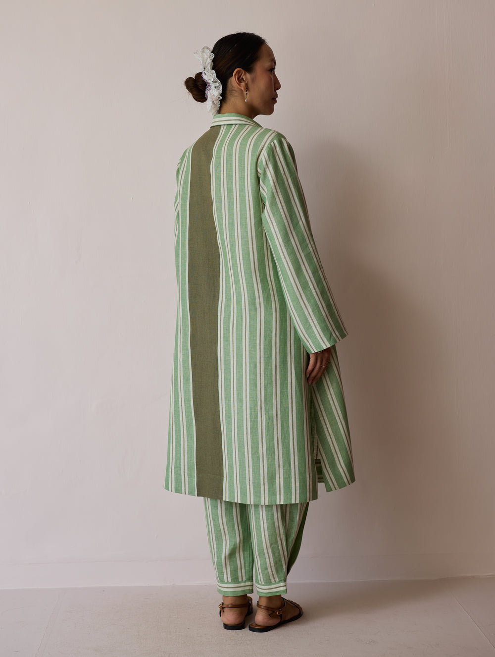 Joana Patchwork Stripe Linen Kurta Sets - Fern