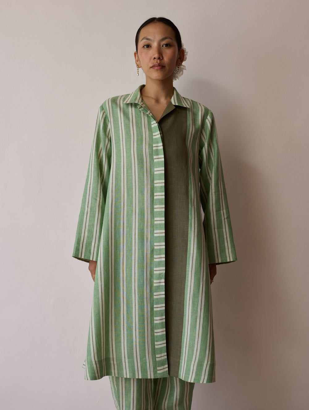 Joana Patchwork Stripe Linen Kurta Sets - Fern