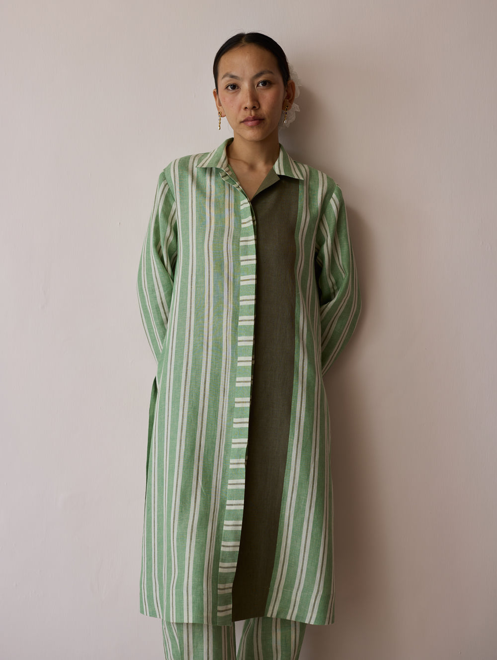 Joana Patchwork Stripe Linen Kurta Sets - Fern