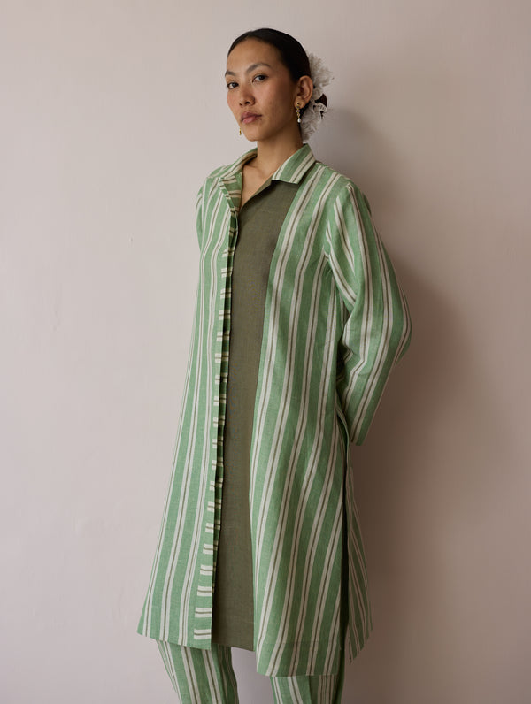 Joana Patchwork Stripe Linen Kurta Sets - Fern