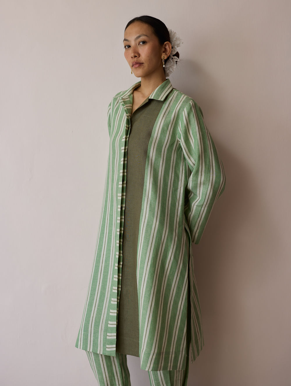 Joana Patchwork Stripe Linen Shirt Kurta - Fern