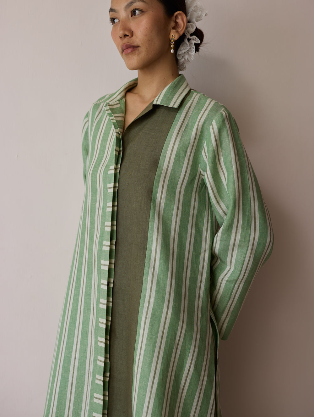 Joana Patchwork Stripe Linen Kurta Sets - Fern