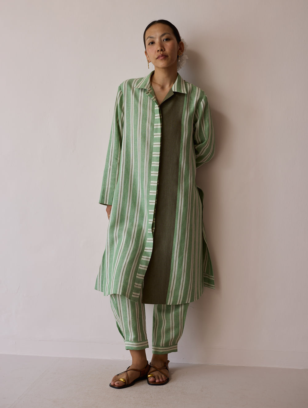 Joana Patchwork Stripe Linen Shirt Kurta - Fern