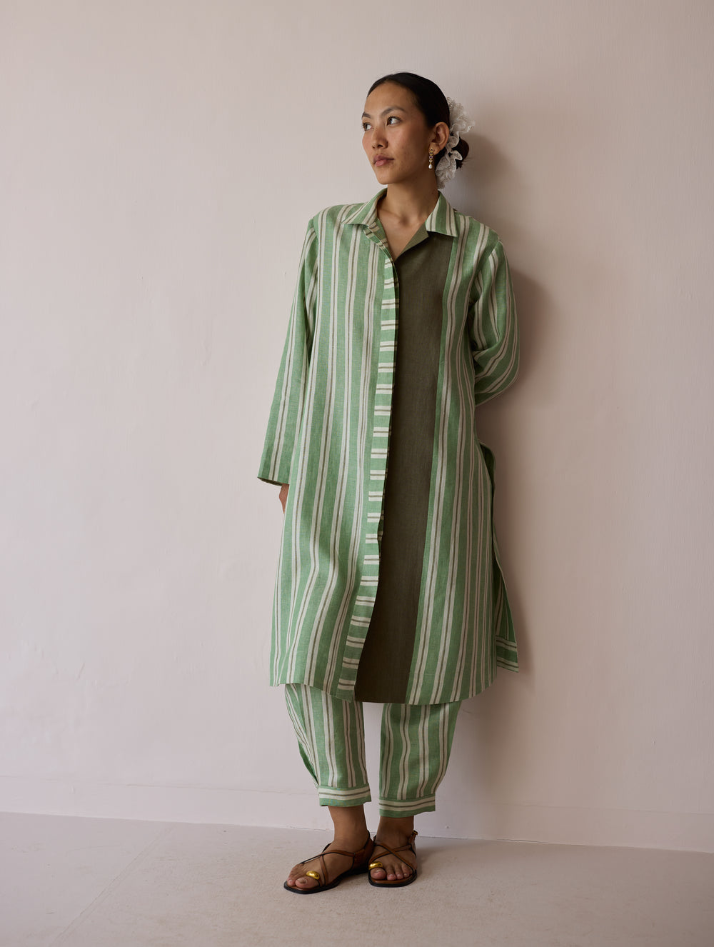 Joana Patchwork Stripe Linen Kurta Sets - Fern