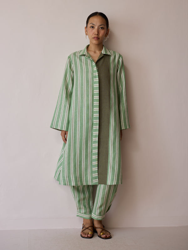 Joana Patchwork Stripe Linen Kurta Sets - Fern