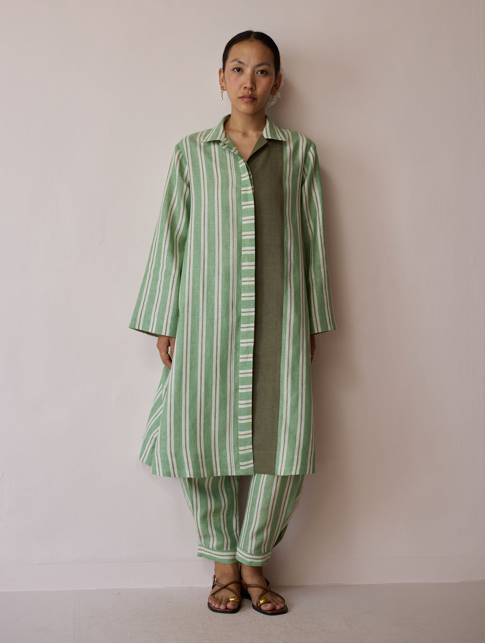 Joana Patchwork Stripe Linen Shirt Kurta - Fern