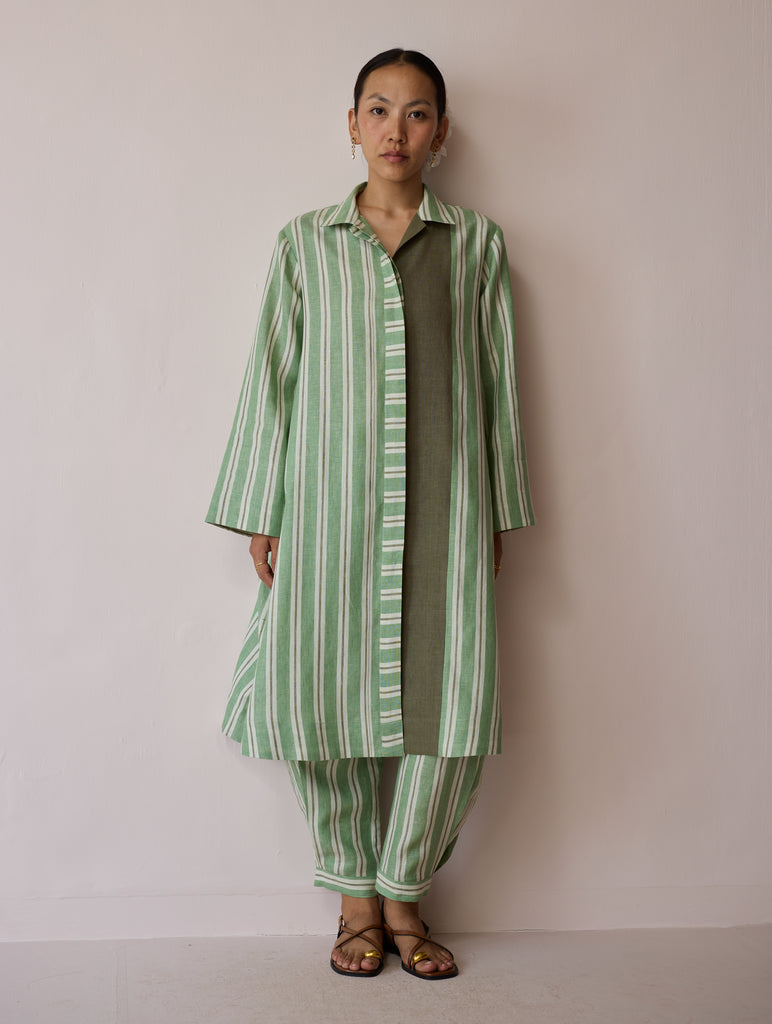 Joana Patchwork Stripe Linen Shirt Kurta - Fern
