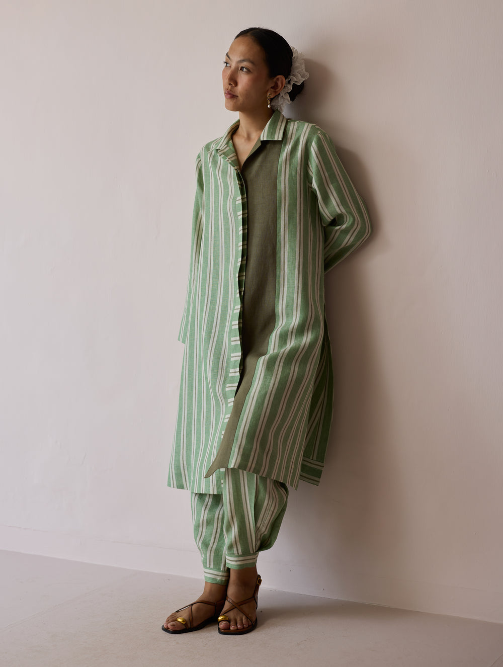 Joana Patchwork Stripe Linen Kurta Sets - Fern