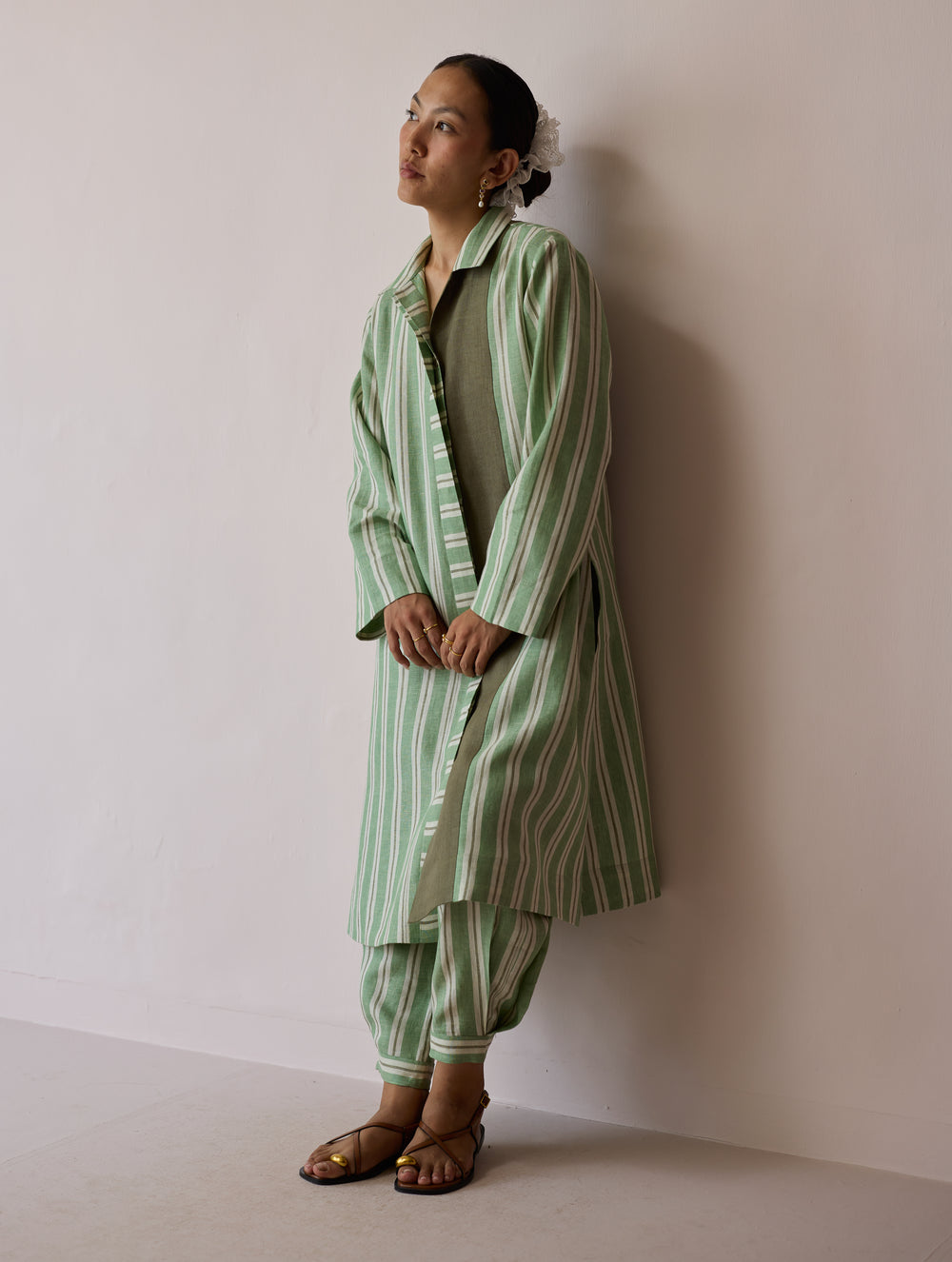 Joana Patchwork Stripe Linen Kurta Sets - Fern