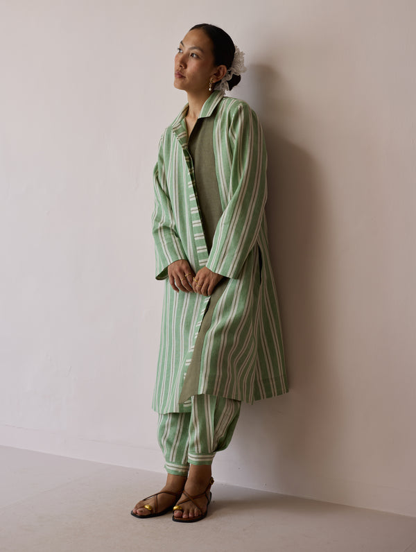 Joana Patchwork Stripe Linen Shirt Kurta - Fern
