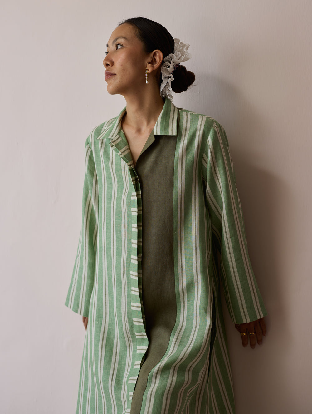 Joana Patchwork Stripe Linen Kurta Sets - Fern