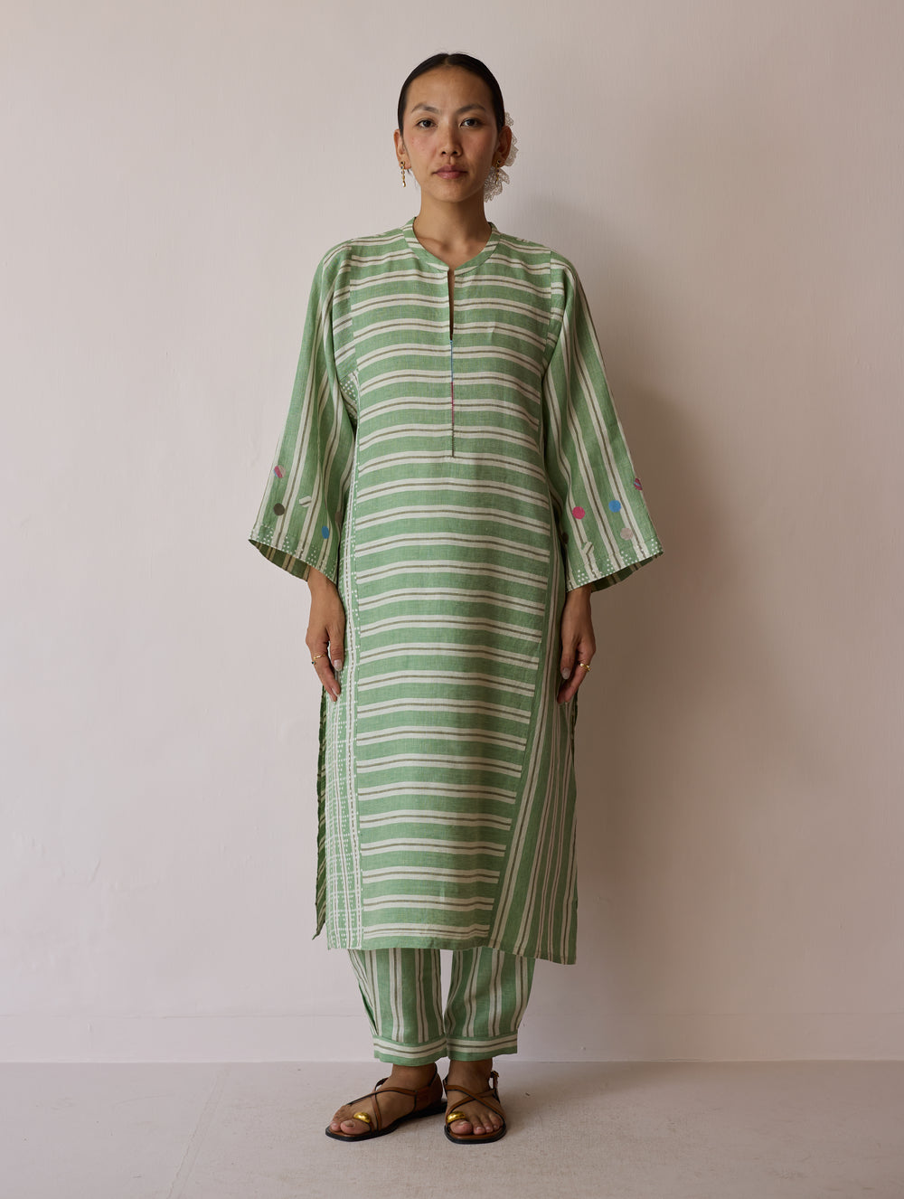Parvee Block-Printed Linen Angrakha Kurta - Fern