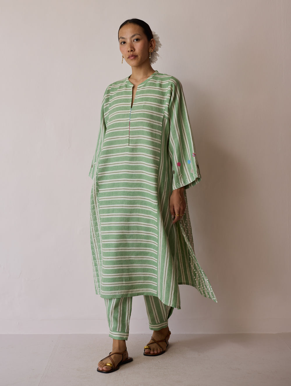 Parvee Block-Printed Linen Angrakha Kurta - Fern