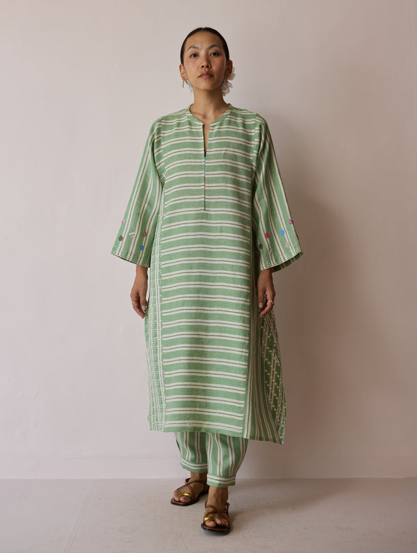 Parvee Block-Printed Linen Kurta Set - Fern