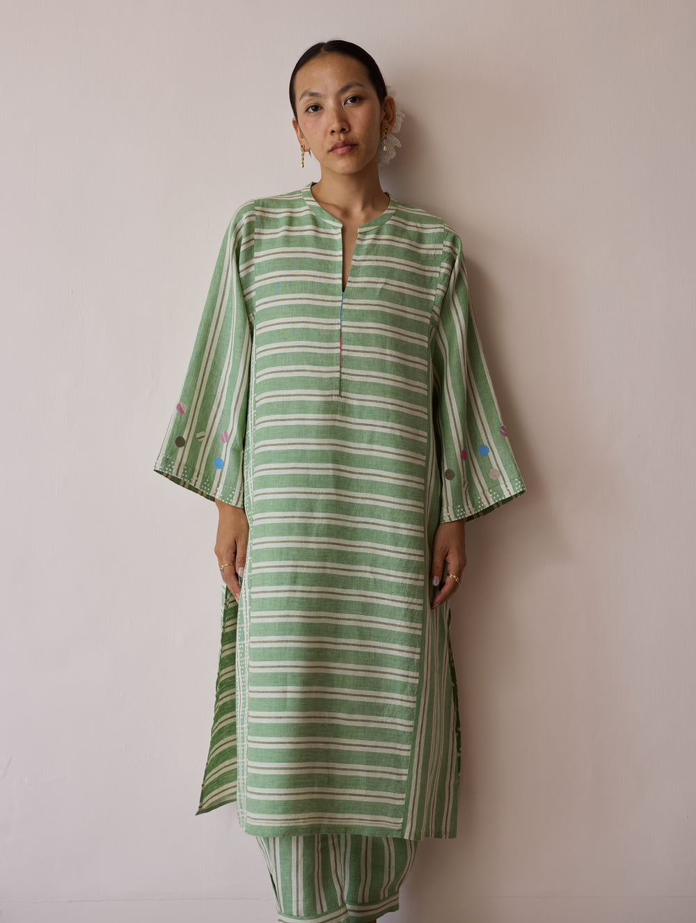 Parvee Block-Printed Linen Angrakha Kurta - Fern