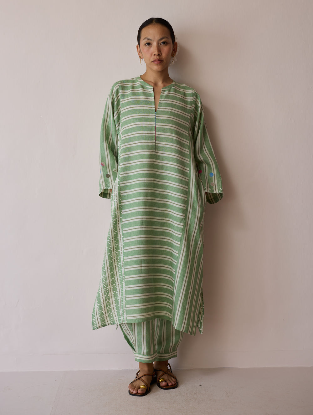 Parvee Block-Printed Linen Angrakha Kurta - Fern