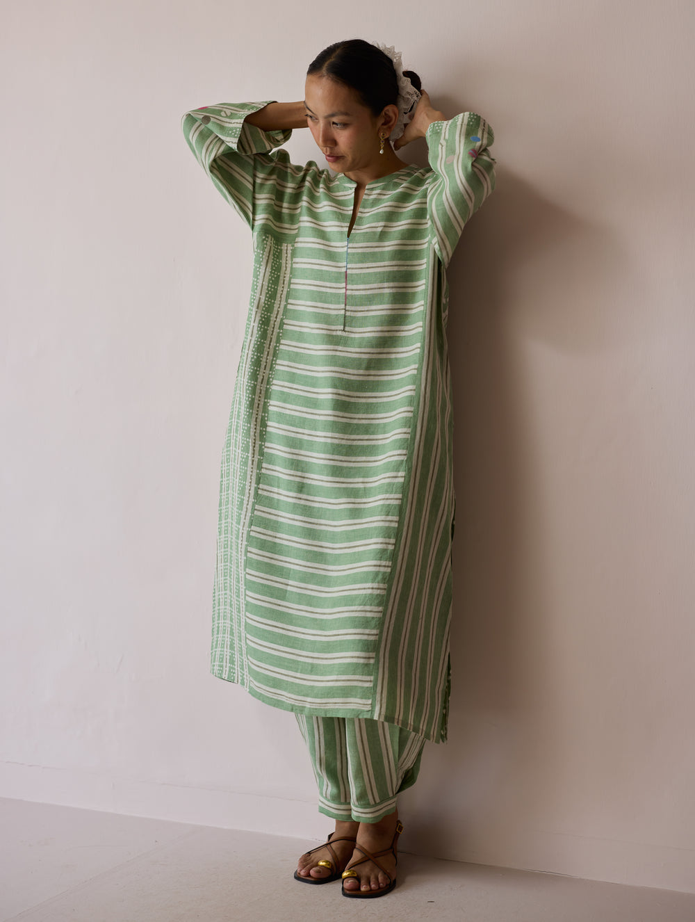 Parvee Block-Printed Linen Angrakha Kurta - Fern