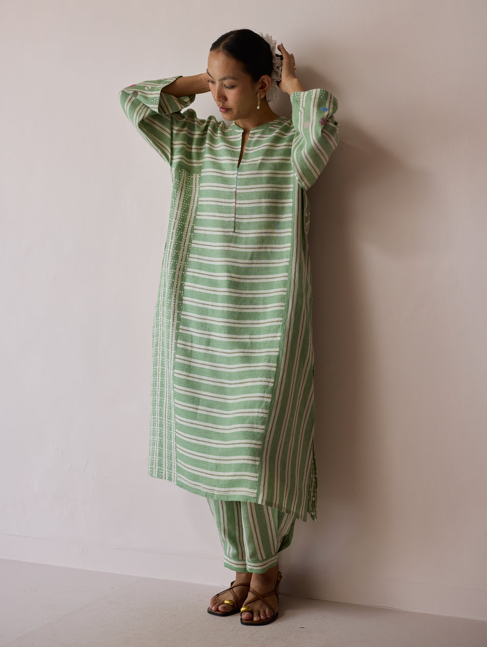 Parvee Block-Printed Linen Kurta Set - Fern