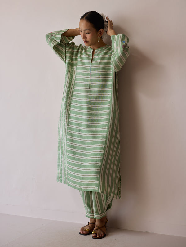 Parvee Block-Printed Linen Kurta Set - Fern