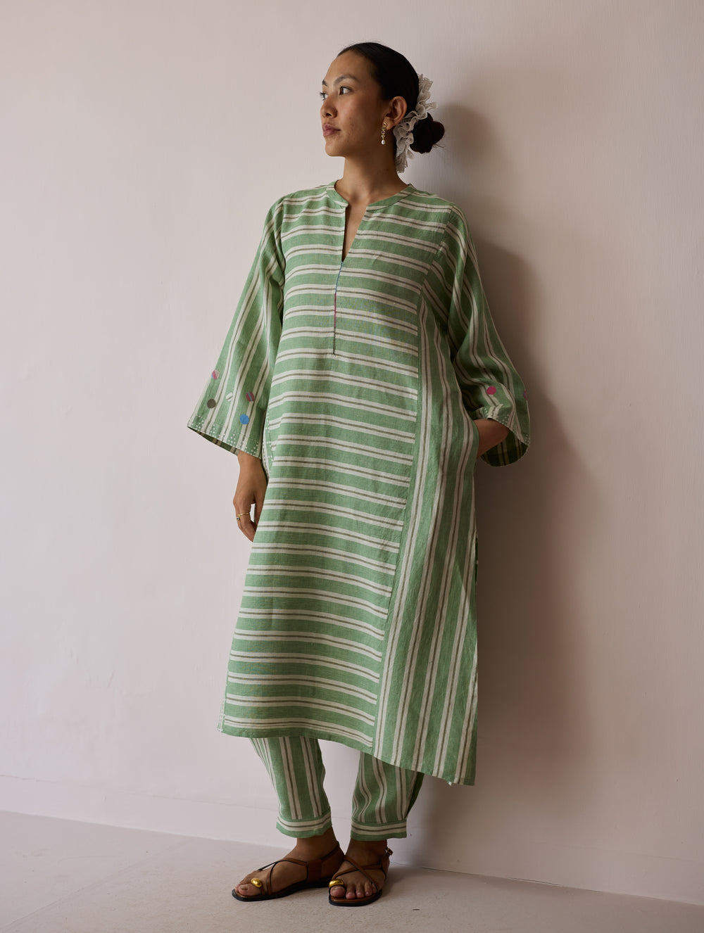 Parvee Block-Printed Linen Angrakha Kurta - Fern