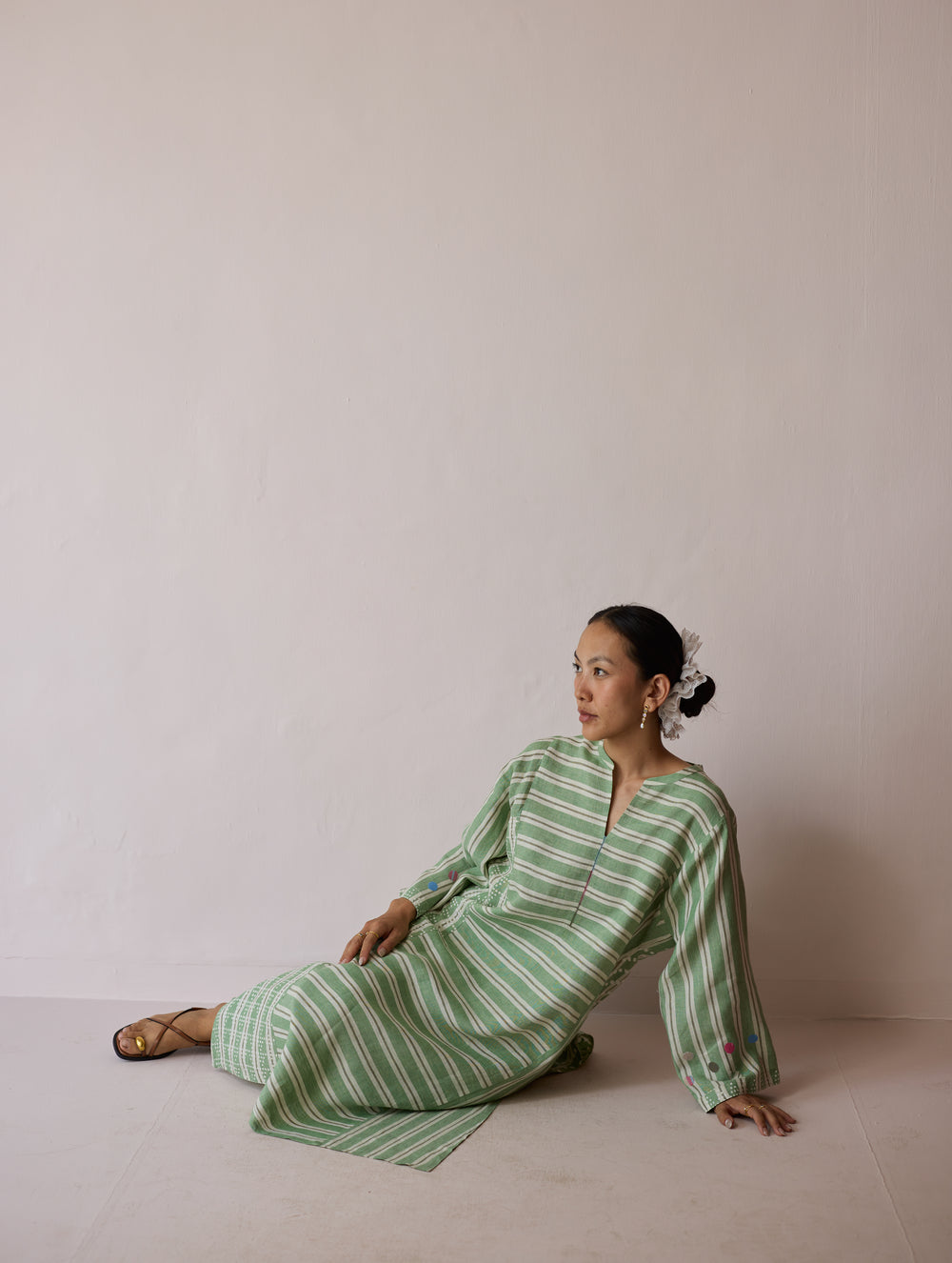 Parvee Block-Printed Linen Angrakha Kurta - Fern