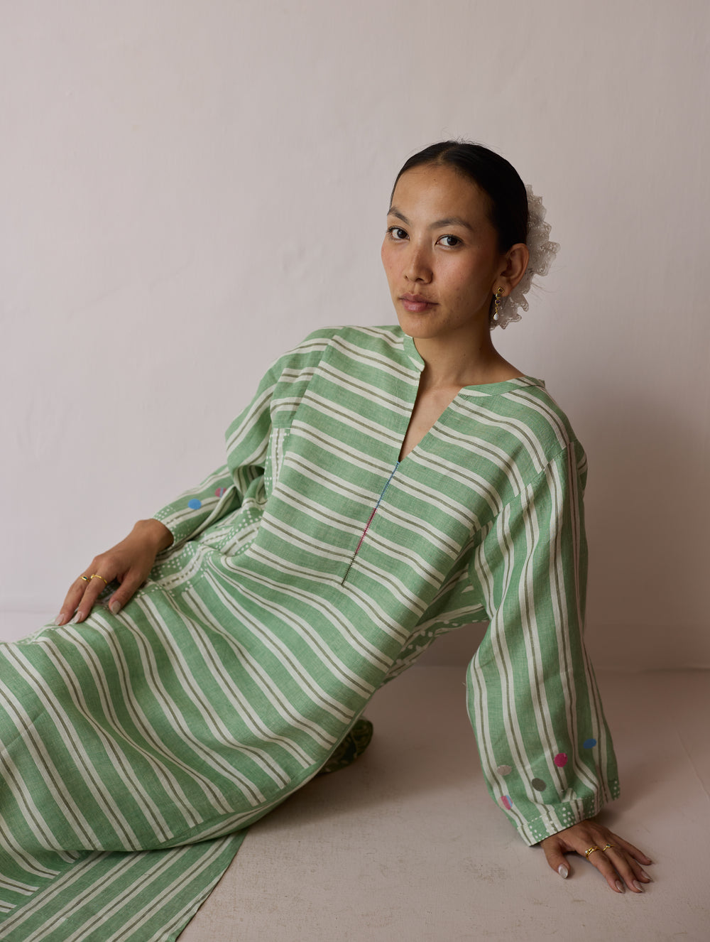 Parvee Block-Printed Linen Angrakha Kurta - Fern