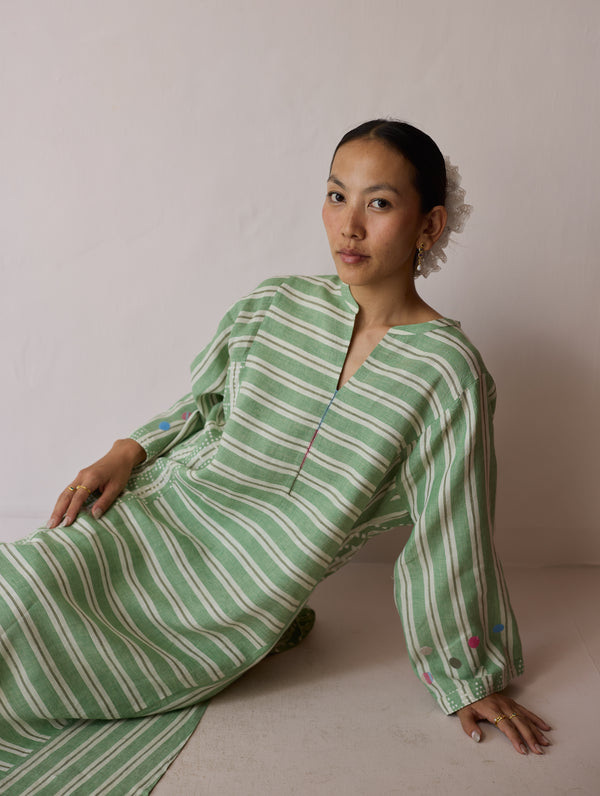 Parvee Block-Printed Linen Angrakha Kurta - Fern