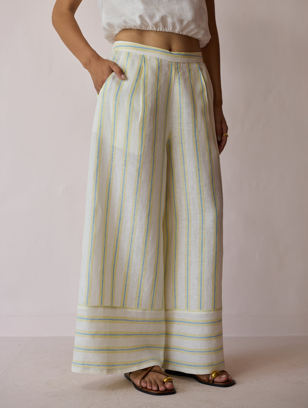 Carmi Wide Leg Stripe Linen Pants - Ivory