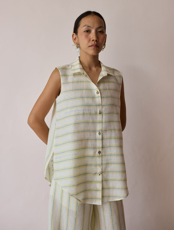 Ello Sleeveless Block-Printed Linen Shirt - Ivory