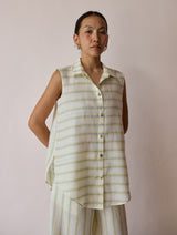 Ello Sleeveless Block-Printed Linen Shirt - Ivory