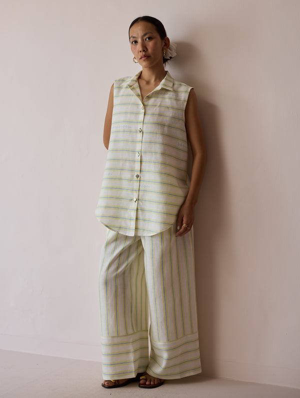 Ello Sleeveless Block-Printed Linen Shirt - Ivory